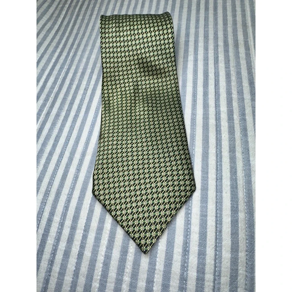 UMO‎ Lorenzo Italy 100% Silk Tie Geometric Navy Green Yellow Men's Tie